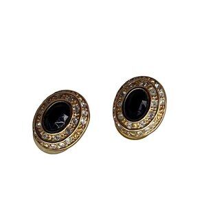 Roman Rhinestone Black Faceted Crystal Stud Earrings Gold Tone